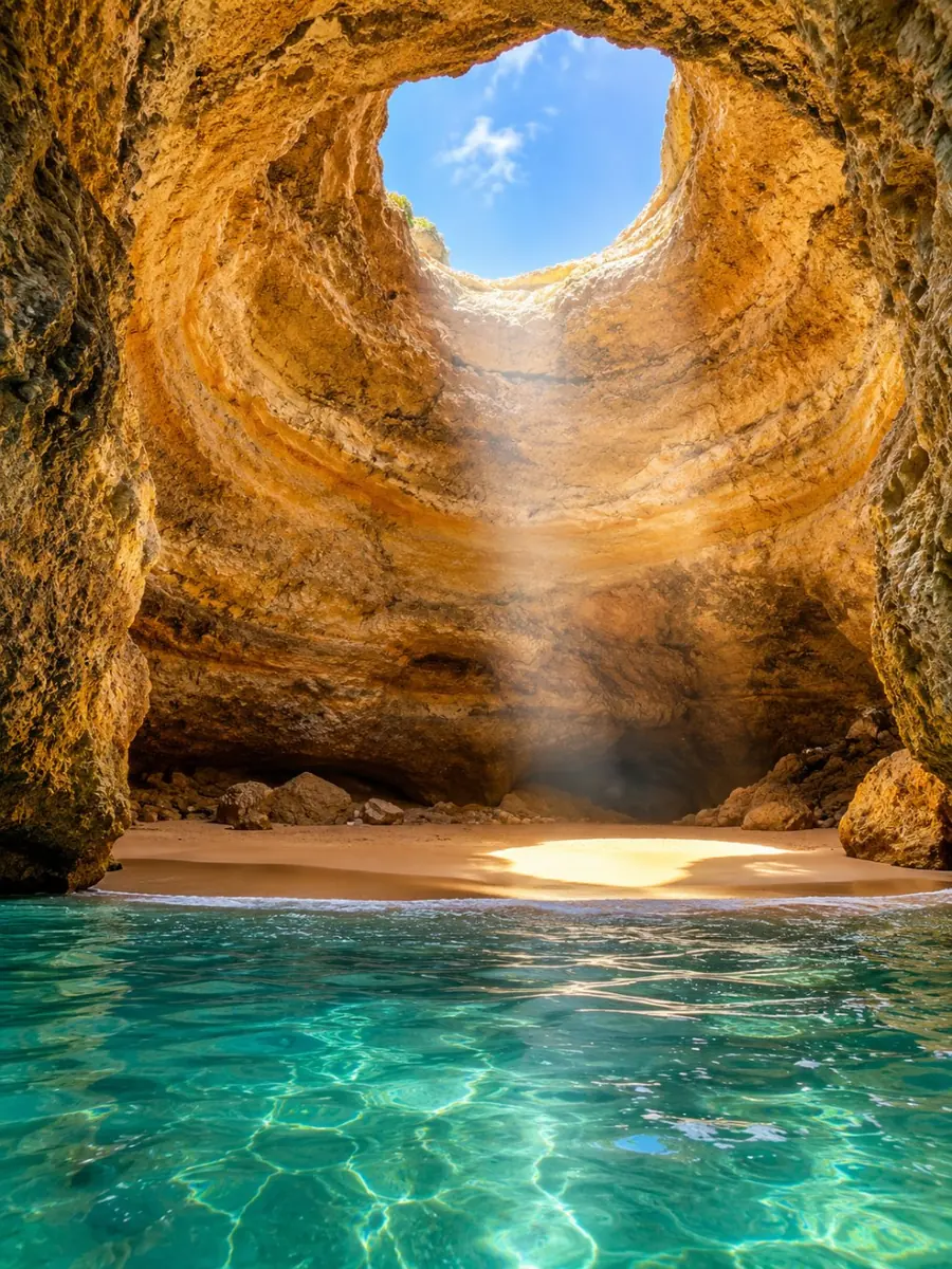 Inside Benagil cave from the water: a domed limestone ceiling with a round skylight and a beam of sunlight on a small empty beach